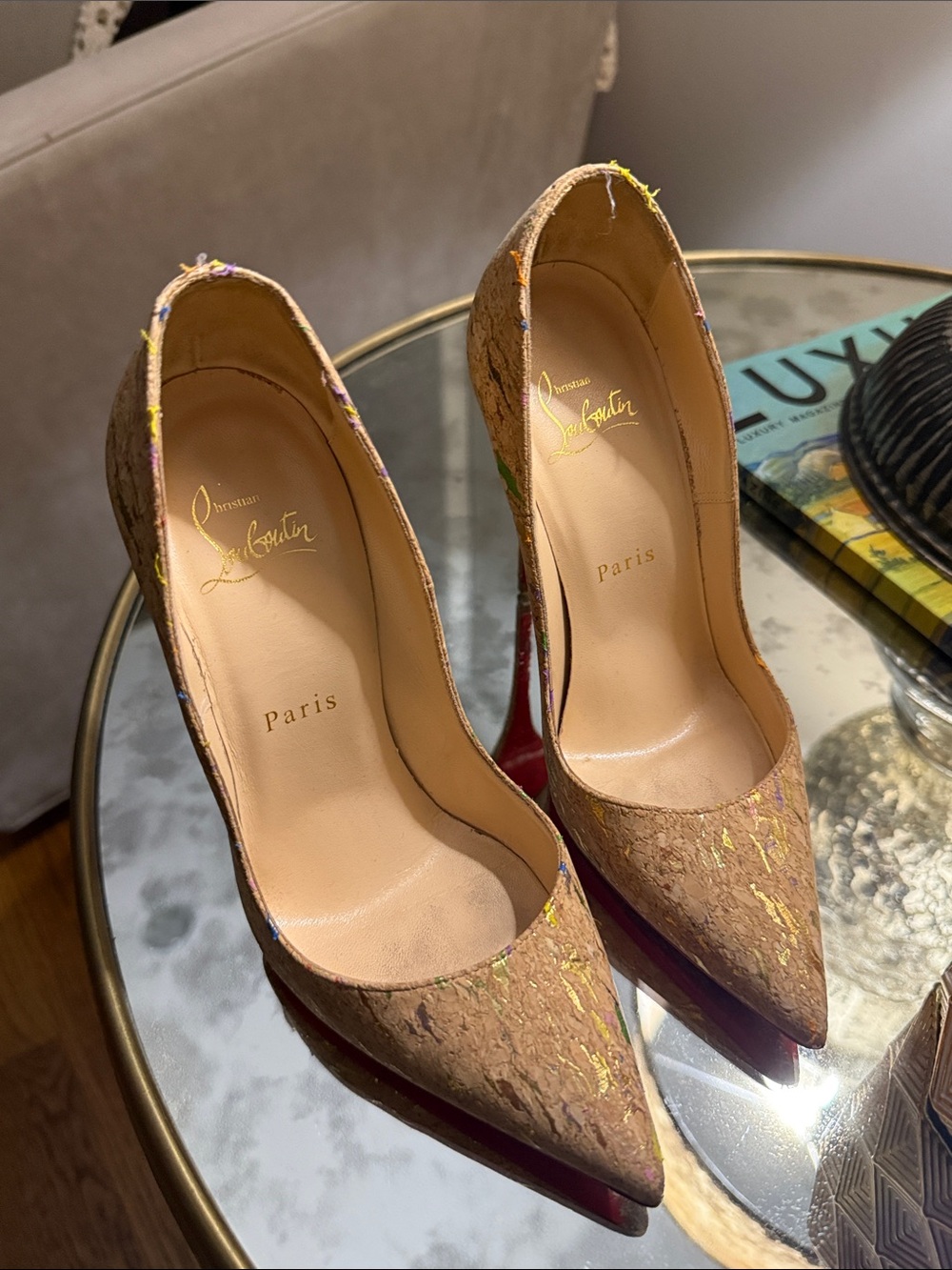 Christian Louboutin Multicolor Splatter Cork Pointed-Toe Pumps
